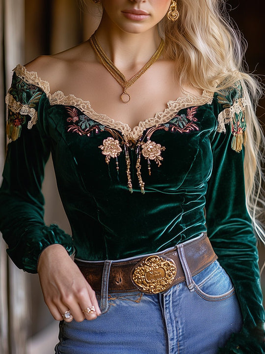 Elegant V-neck Embroidered Velvet Lace Long-sleeved Shirt