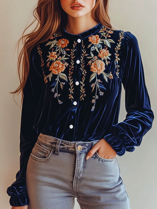 Chic Crew Neck Button Down Embroidery Velvet Shirt