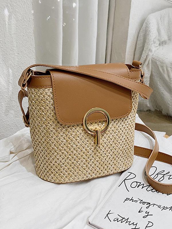 Crossbody Straw Woven Vacation Bucket Bag