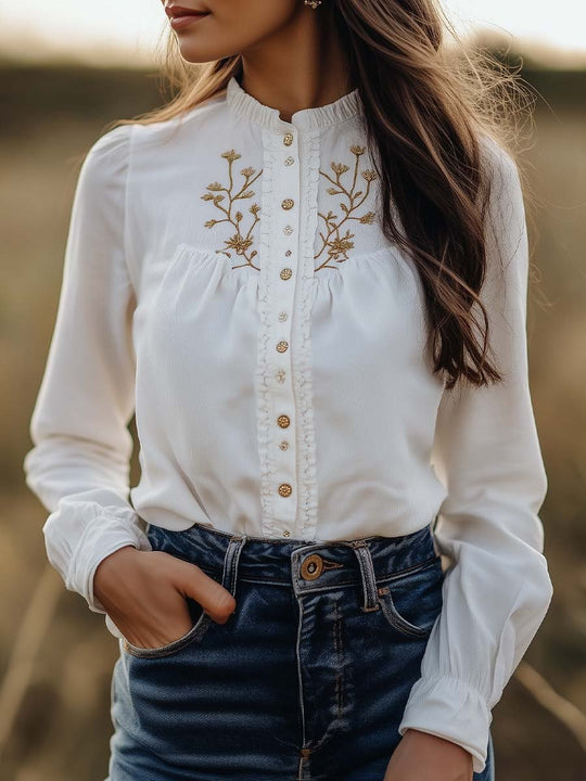 Women's Gold Embroidered Cotton Long-sleeved Blouse