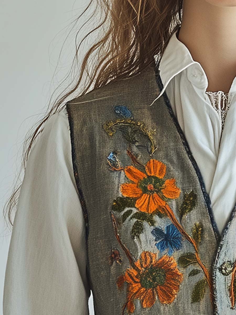 Rustic Floral Embroidered Button-Up Line Vest