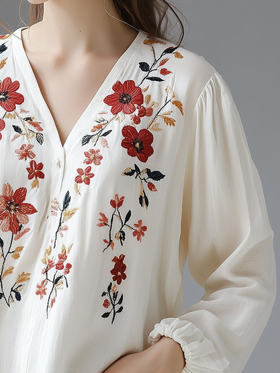 Elegant Floral Embroidered V-Neck Cotton and Linen Blouse