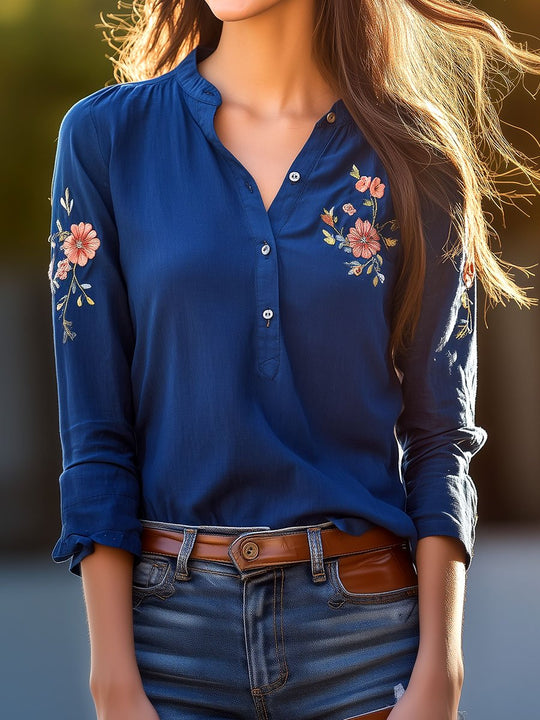 Bohemia Handmade Flower Embroidery Henley Shirt