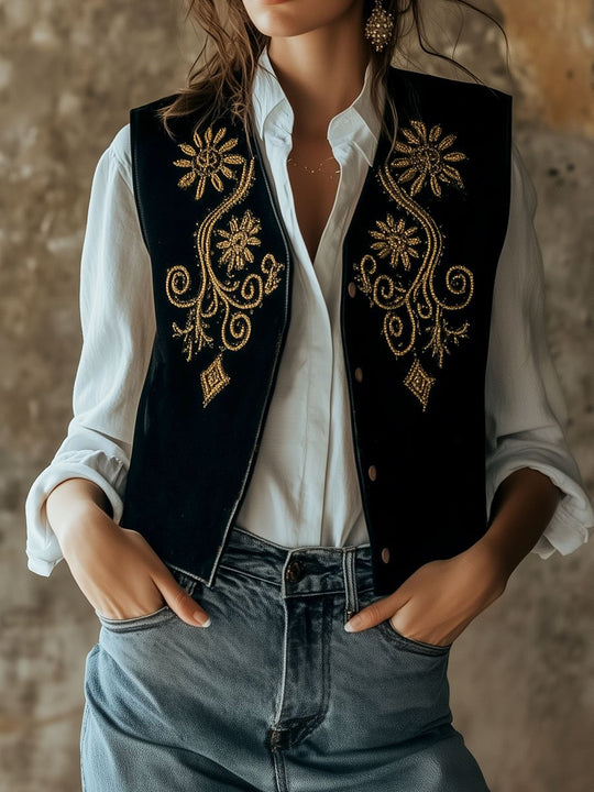 Retro Golden Sunflower Embroidery Suede Waistcoat