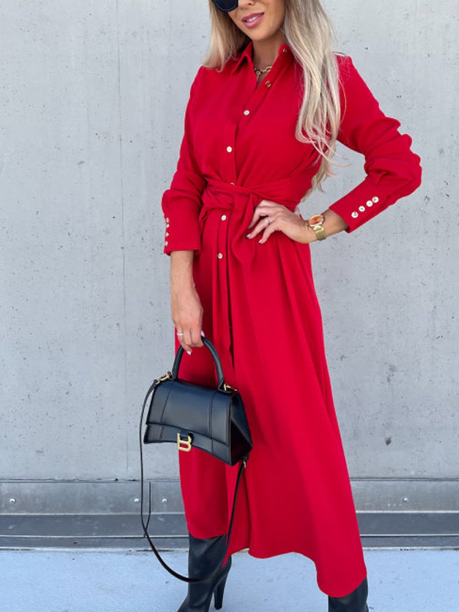 Solid Color Cardigan Long Sleeve Swing Maxi Dress