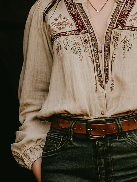 Bohemian Embroidered Beige Cotton and Linen Blouse