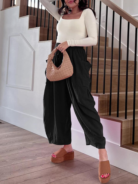 Elastic Waist Pleated Loose Casual Cotton and Linen High Waist Wide Leg Pants