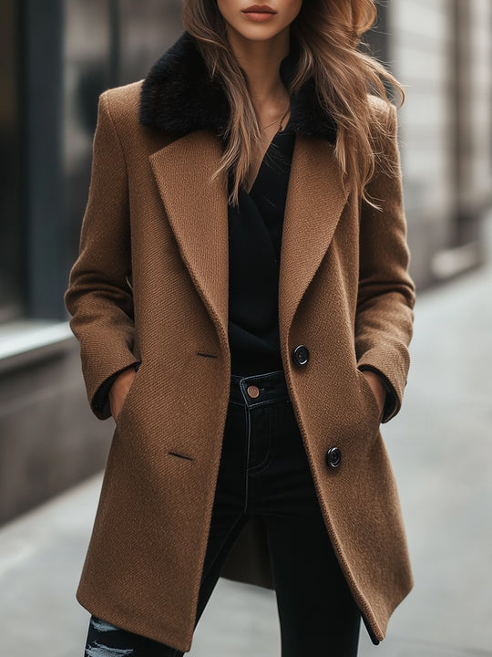 Chic Fur Collar Herringbone Texture Woolen Coat