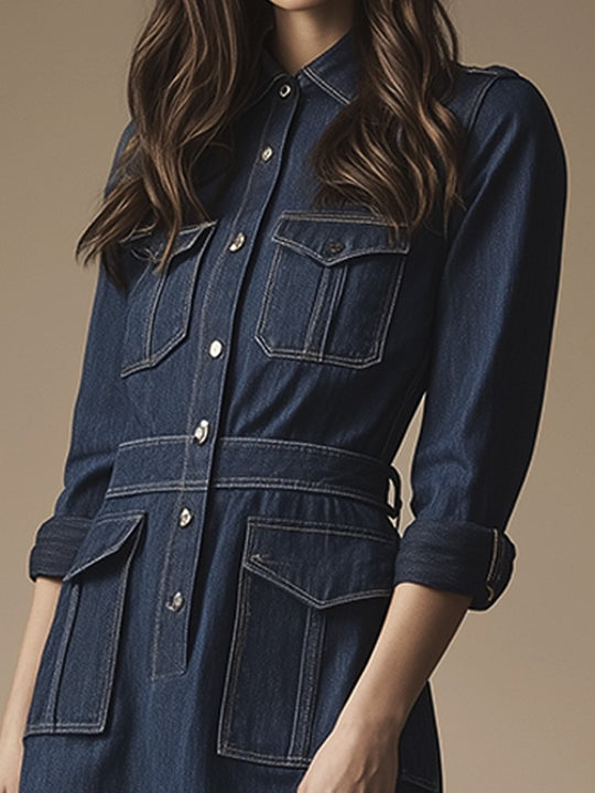 Casual and Capable Dark Blue Multi-pocket Denim Dress