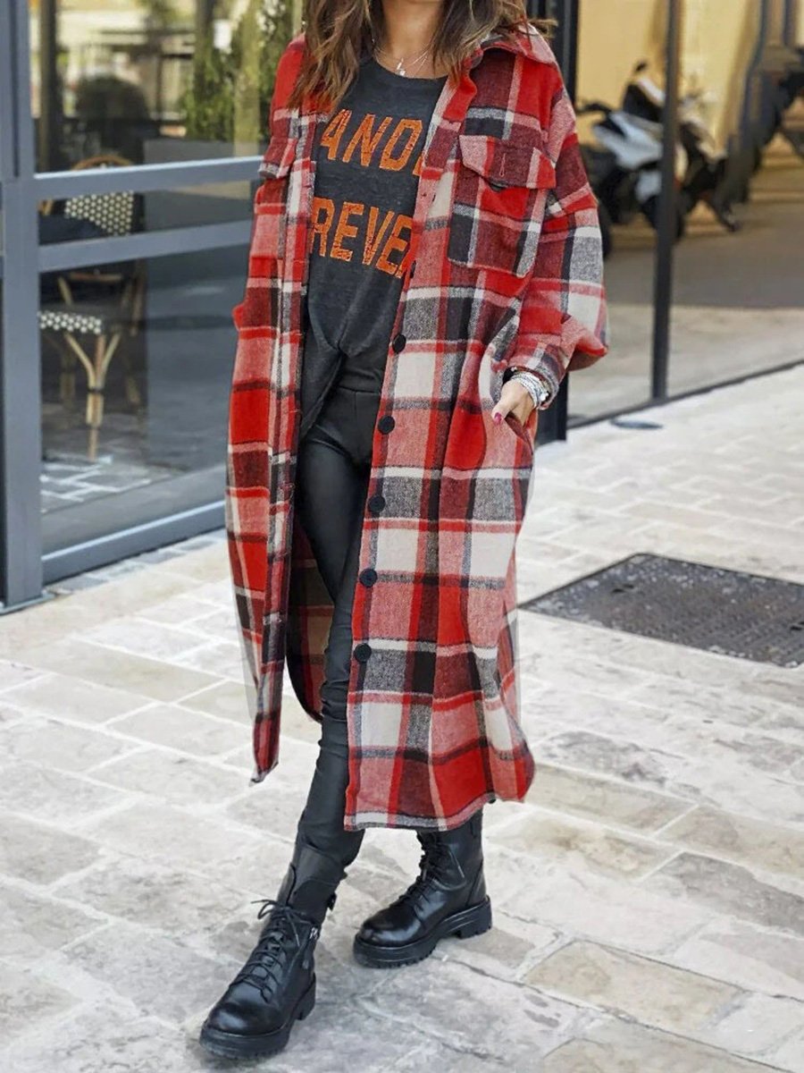 Lapel Side Slit Woolen Plaid Mid-length Coat