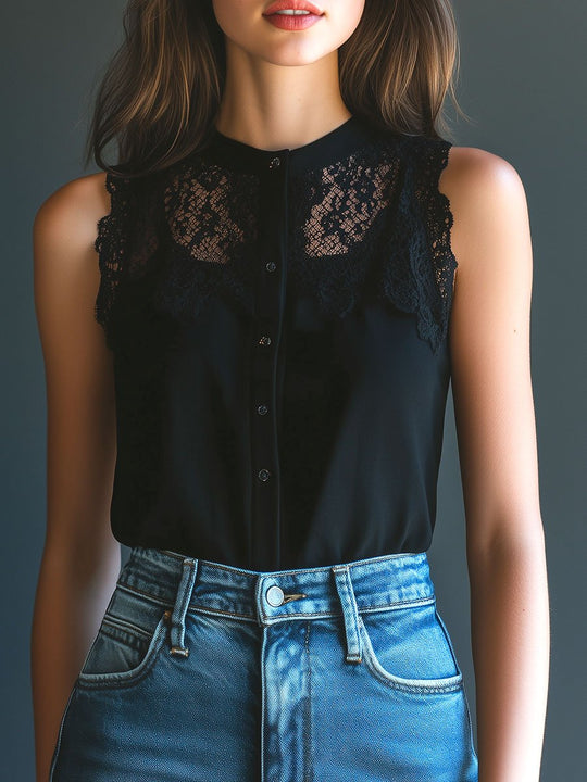 Stylish Round Neck Lace Patchwork Sleeveless Shirt