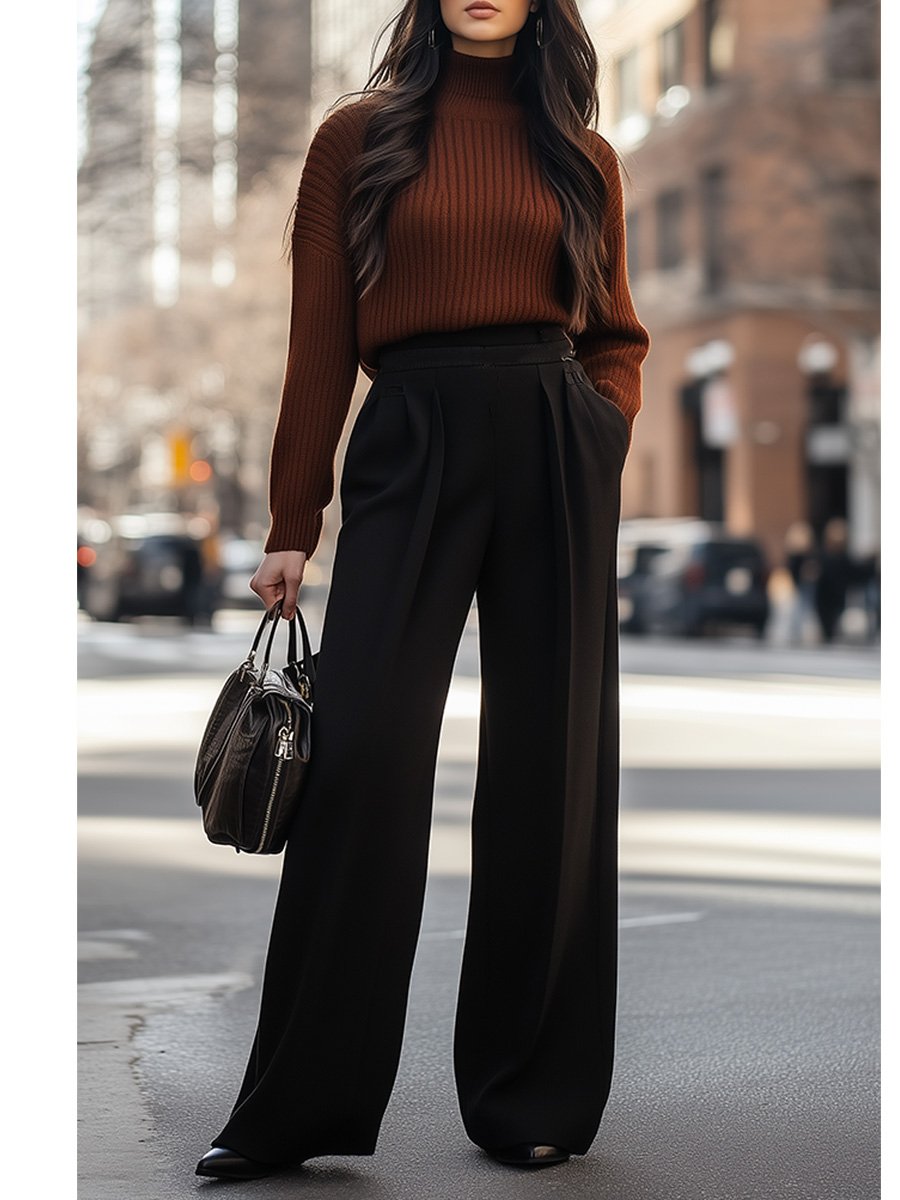 Casual Basic Black Versatile Wide-leg Suit Pants