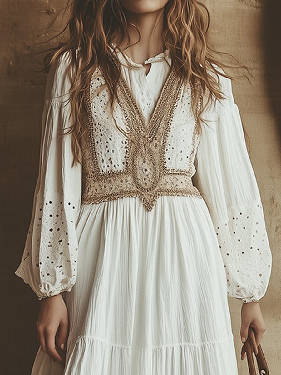 Boho Eyelet Lace Midi Dress