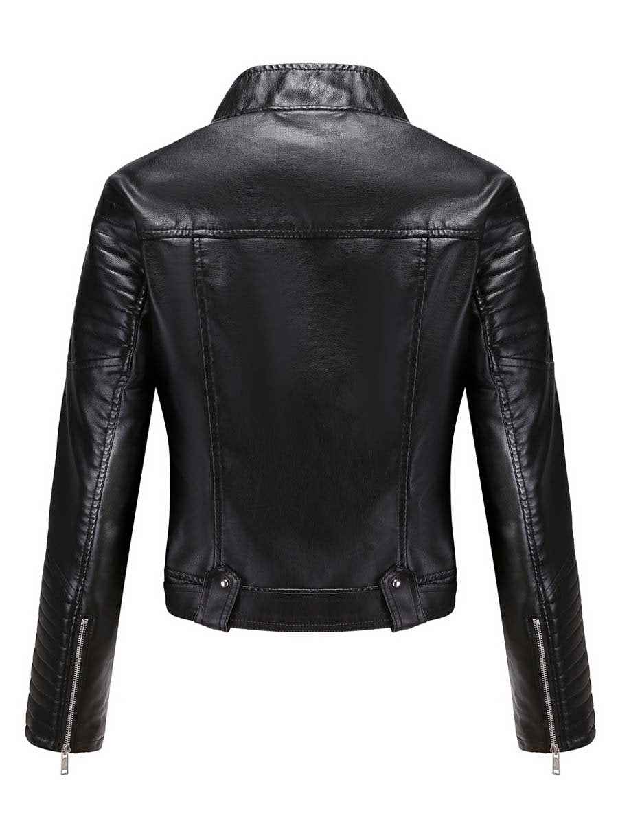 Women's Zippered Lapel Belt Leather Jacket Biker