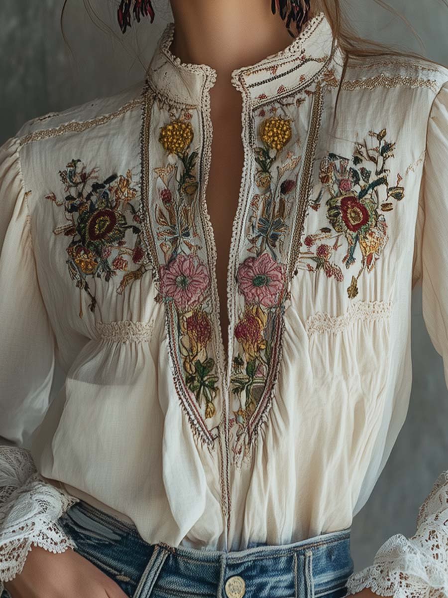 Bohemian Grace Floral Embroidered Vintage Blouse