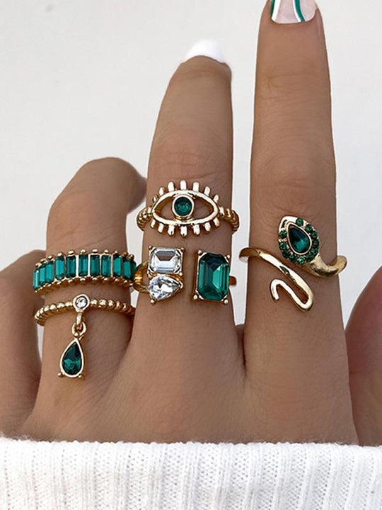 Personalized Retro Diamond Snake-shaped Water Drop Ring Set of 5