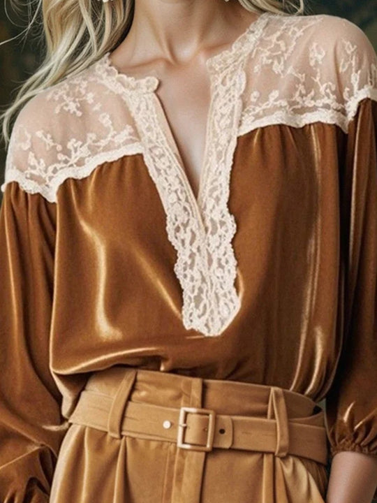 Brown Velvet Lace V-Neck Long Sleeve Shirt