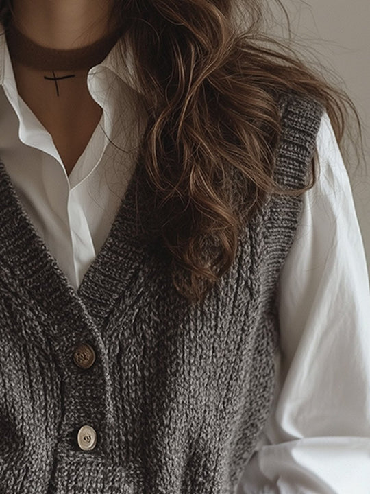 Grey Casual V-Neck Wool Knit Waistcoat