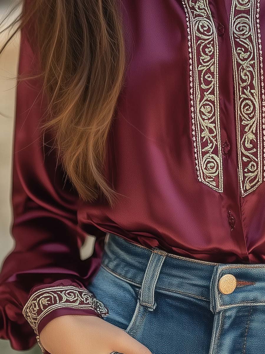 Women's Baroque Embroidery Long Sleeve Satin Shirt