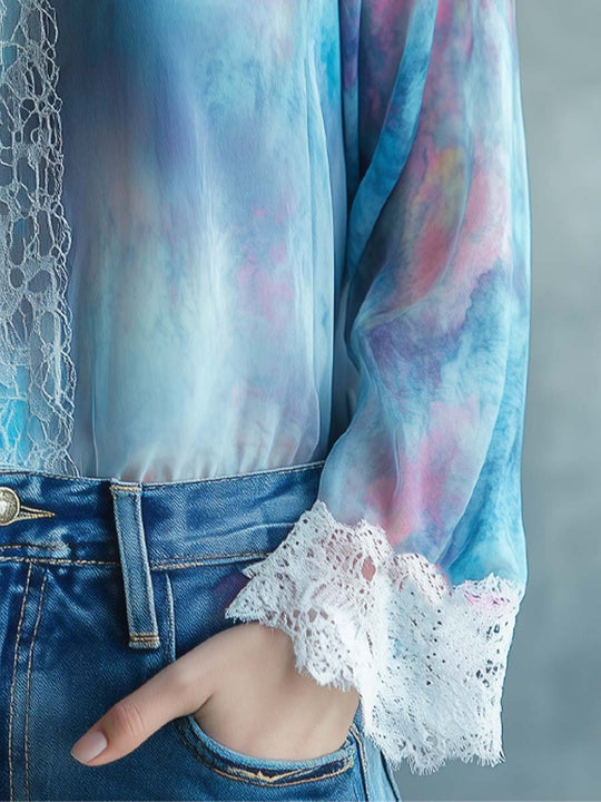 Tie-Dyed Chiffon Lace Trim Shirt