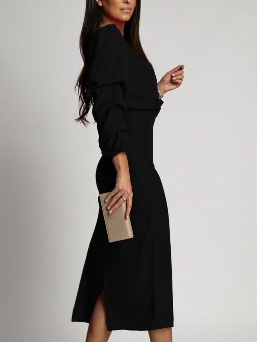 Solid Color Long Sleeve Elegant V-Neck Slit Dress