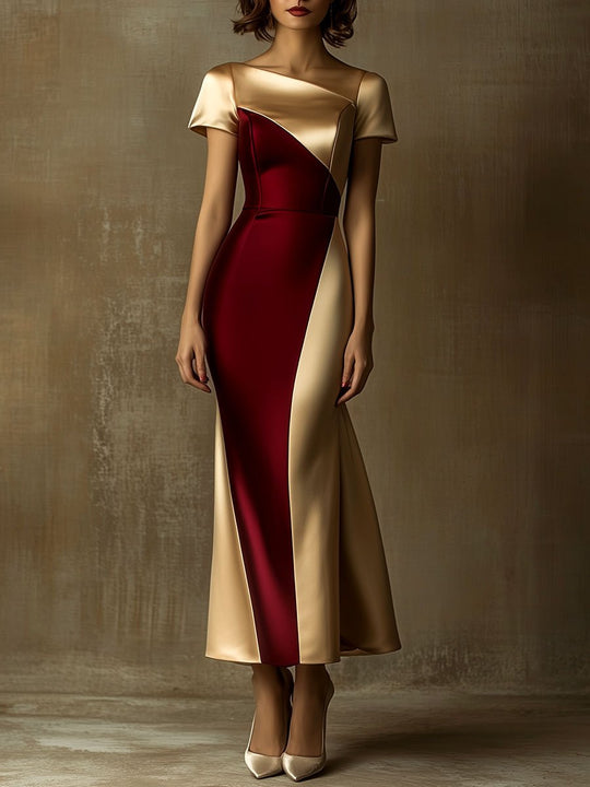 Stylish Asymmetrical Neck Color Patchwork Satin Dress