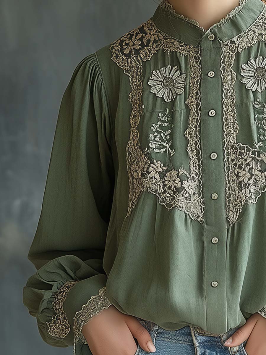 Graceful Green Vintage Blouse with Lace Embroidery