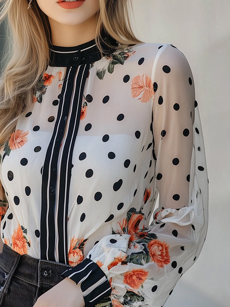 Elegant Turtleneck Polka Dot Floral Transparent Shirt