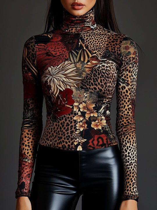 Turtleneck Leopard and Floral Print Long Sleeve T-shirt