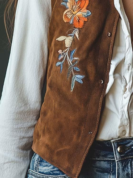 Women's Vintage Suede Embroidered Vest