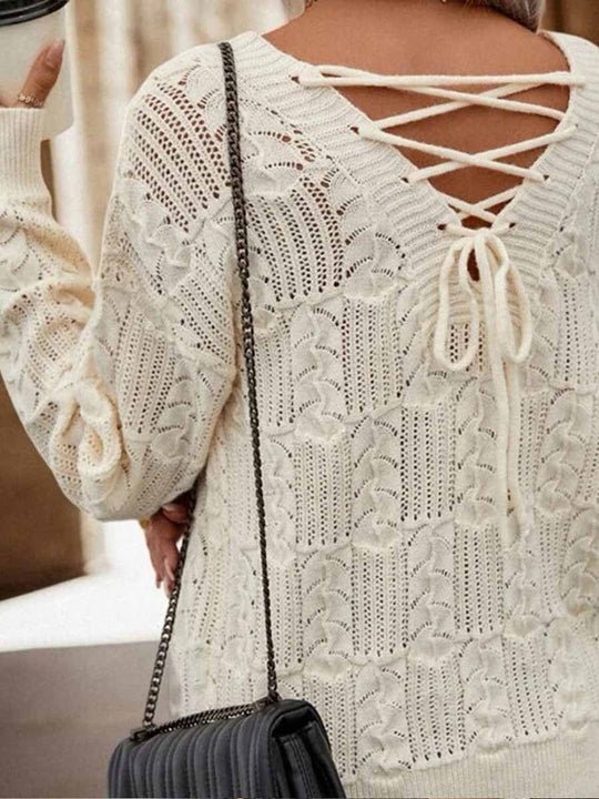 V-Neck Textured Cutout Back Tie Sweater