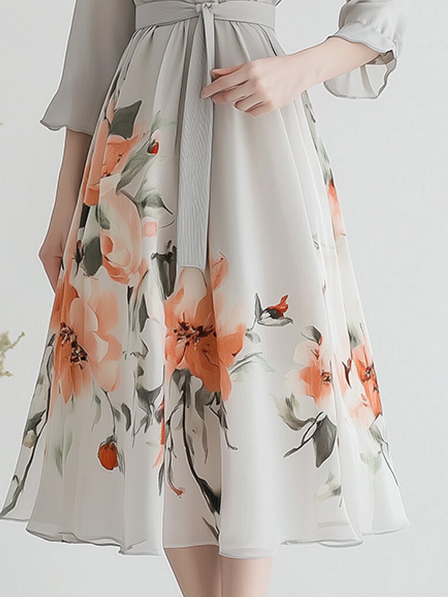 Casual V-neck Printed Waist Maxi Dress