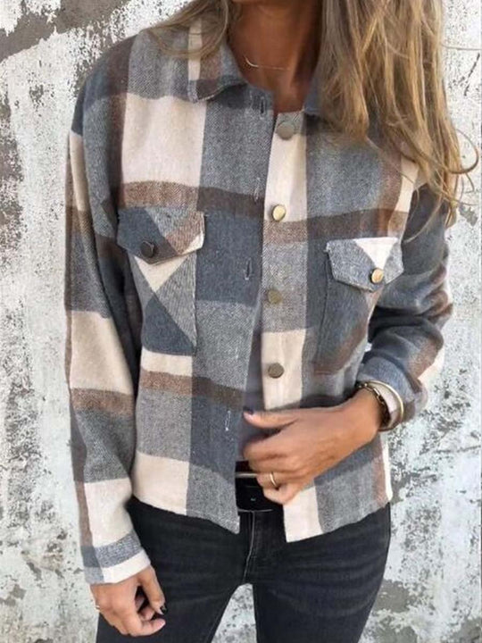 Women's Long Sleeve Lapel Plaid Loose Single Breasted Jacket