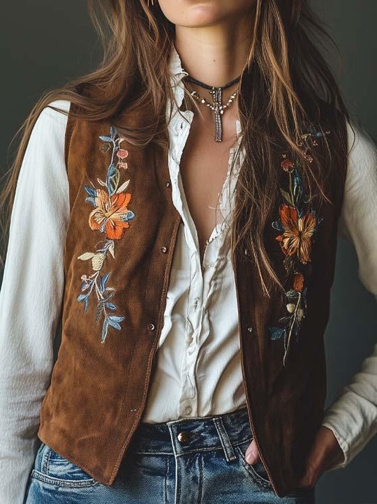 Women's Vintage Suede Embroidered Vest