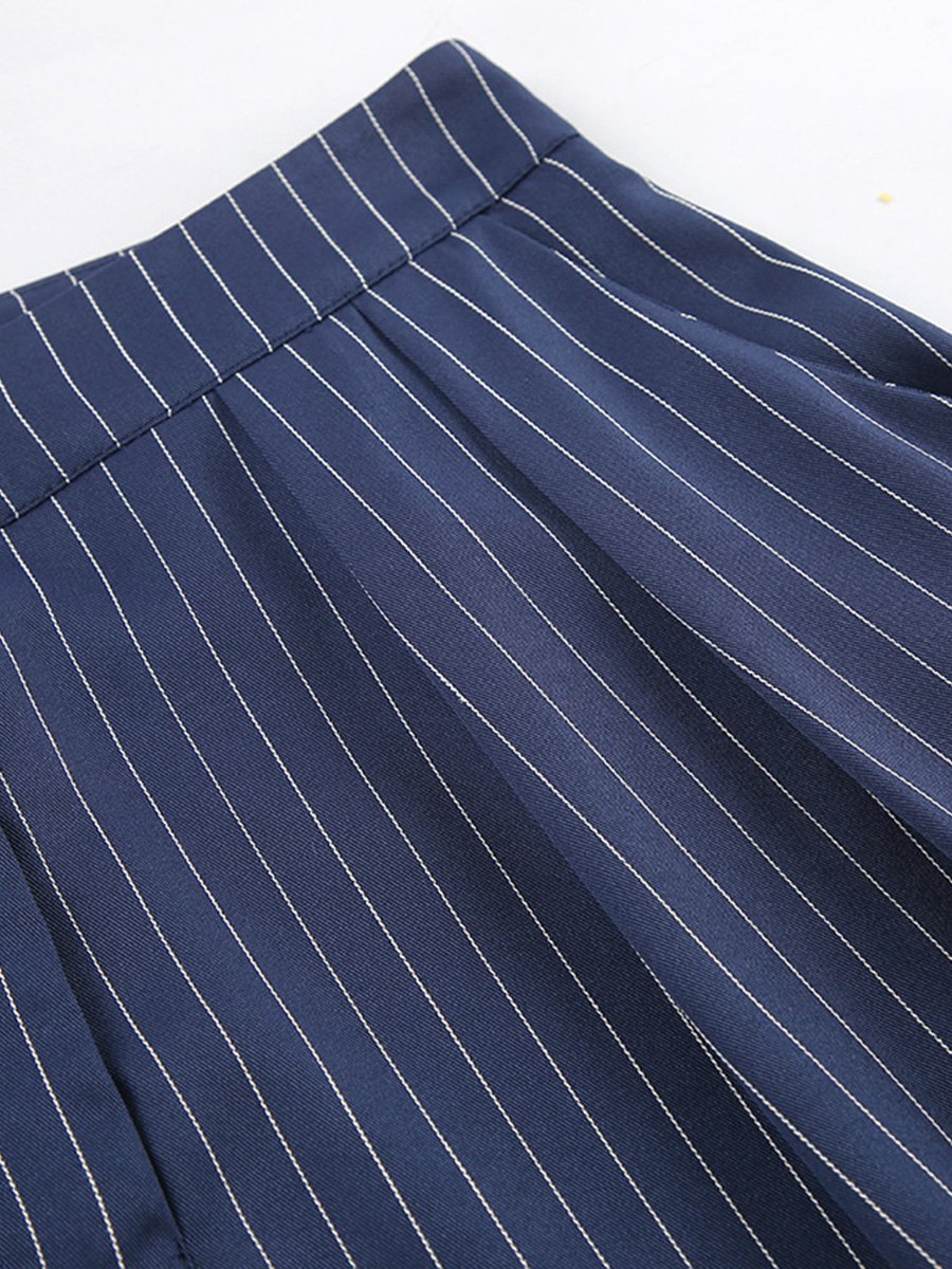 Casual Navy Blue Striped Wide-leg Pants