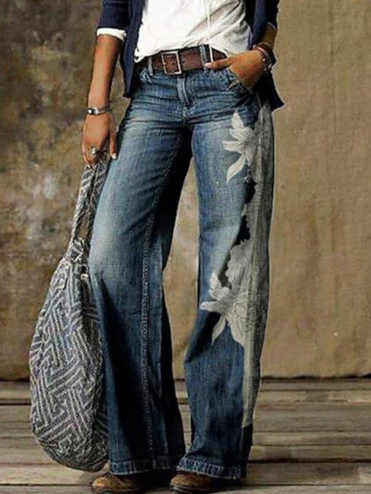 Retro Fashion Print Casual Straight-Leg Wide-Leg Jeans