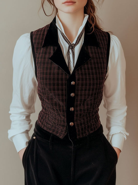 Vintage Plaid Pattern Velvet Trim Waistcoat