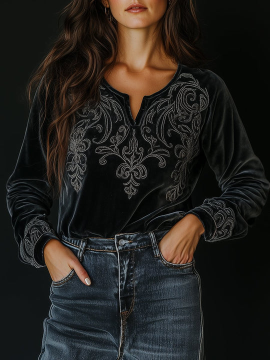 Retro Boho Handmade Embroidery Velvet T-shirt