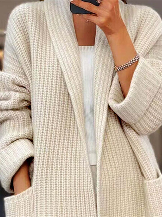 Solid Color V-Neck Pocket Knitted Cardigan