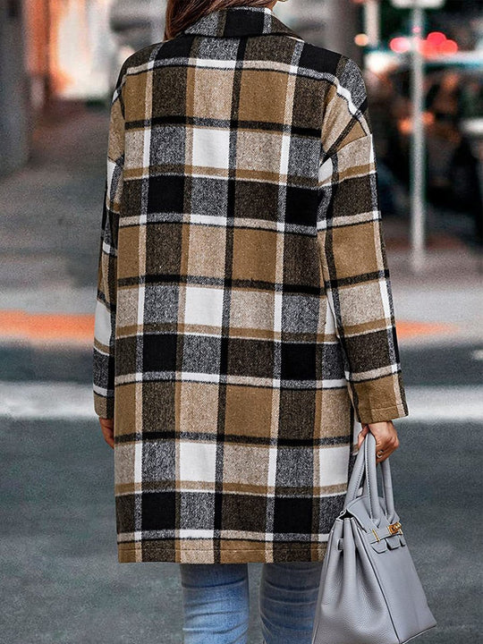 Ladies Lapel Pocket Plaid Wool Coat