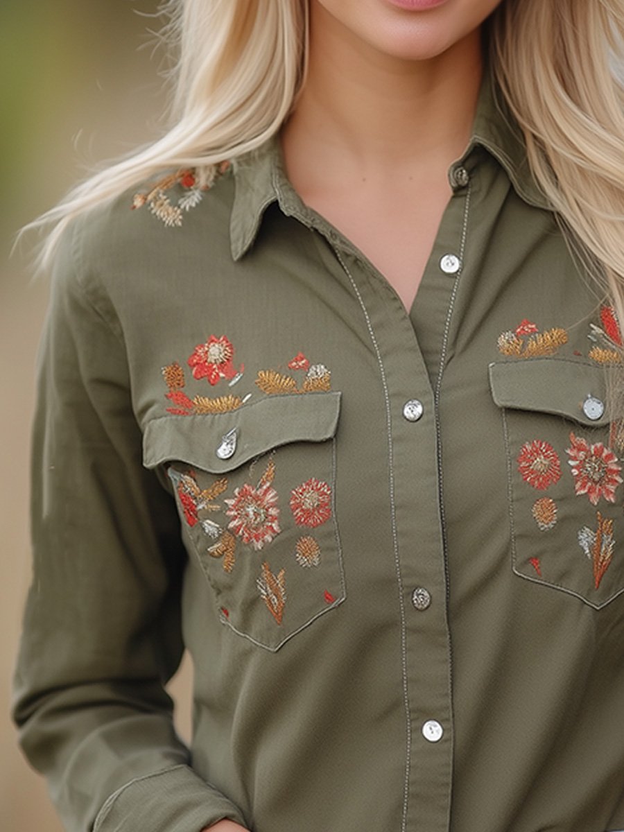 Fashion Retro Embroidered Distressed Washed Work Shirt