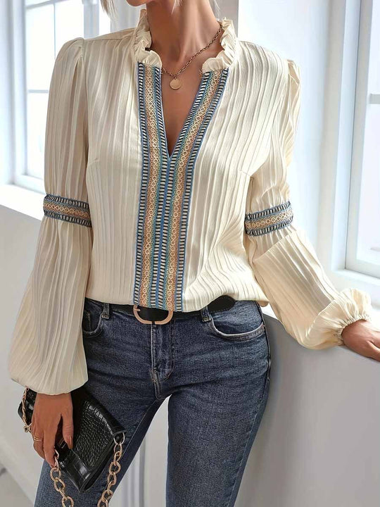 Lantern Sleeve Lace Panel V-Neck Shirt