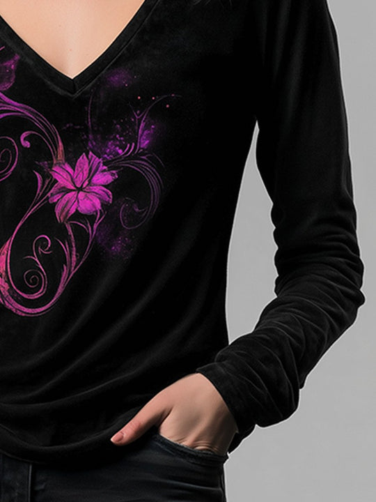 Casual V-neck Velvet Embroidered Everyday Versatile T-shirt