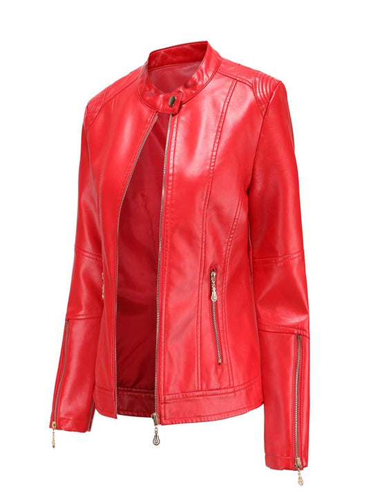 Women's Stand Collar Zipper Cuff Leather Jacket