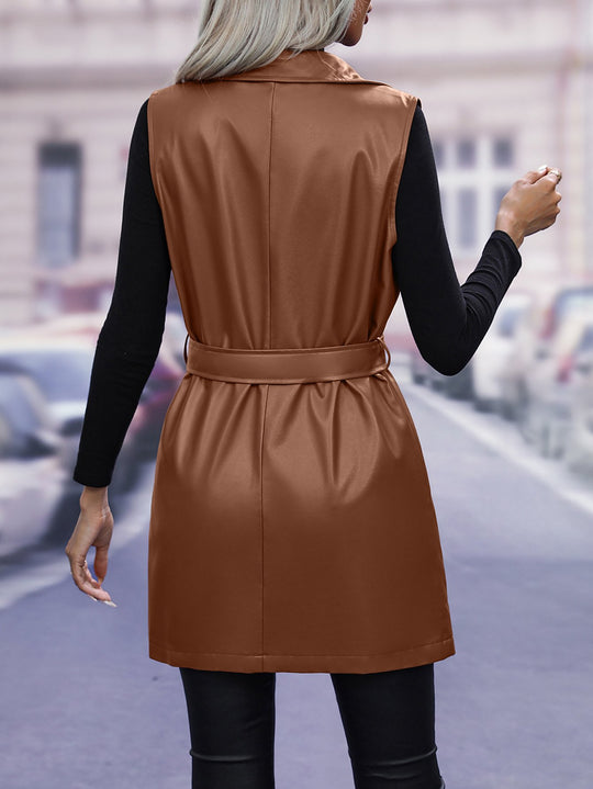 Stylish Belt Mid-length Leather Waistcoat