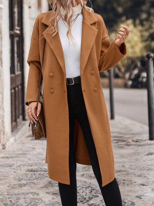 Elegant Belted Waist Mid-length Woolen Coat