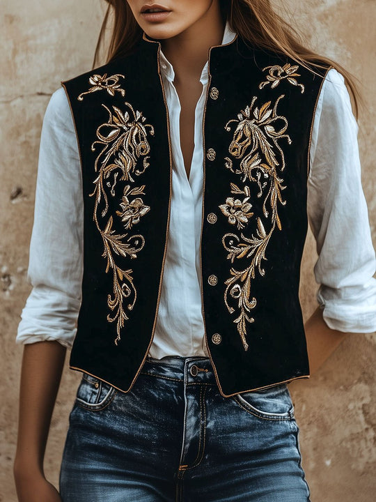 Retro Gold and Silver Embroidery Button Down Suede Vest