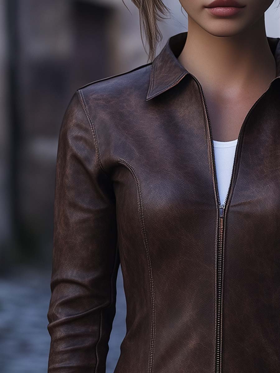 Women's Vintage Zipper Leather Shirt Jacket