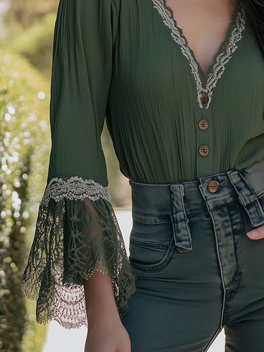 Boho Lace Bell-Sleeve Blouse