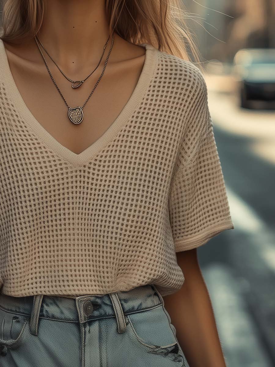 Effortless Charm Beige V-Neck Knit Top